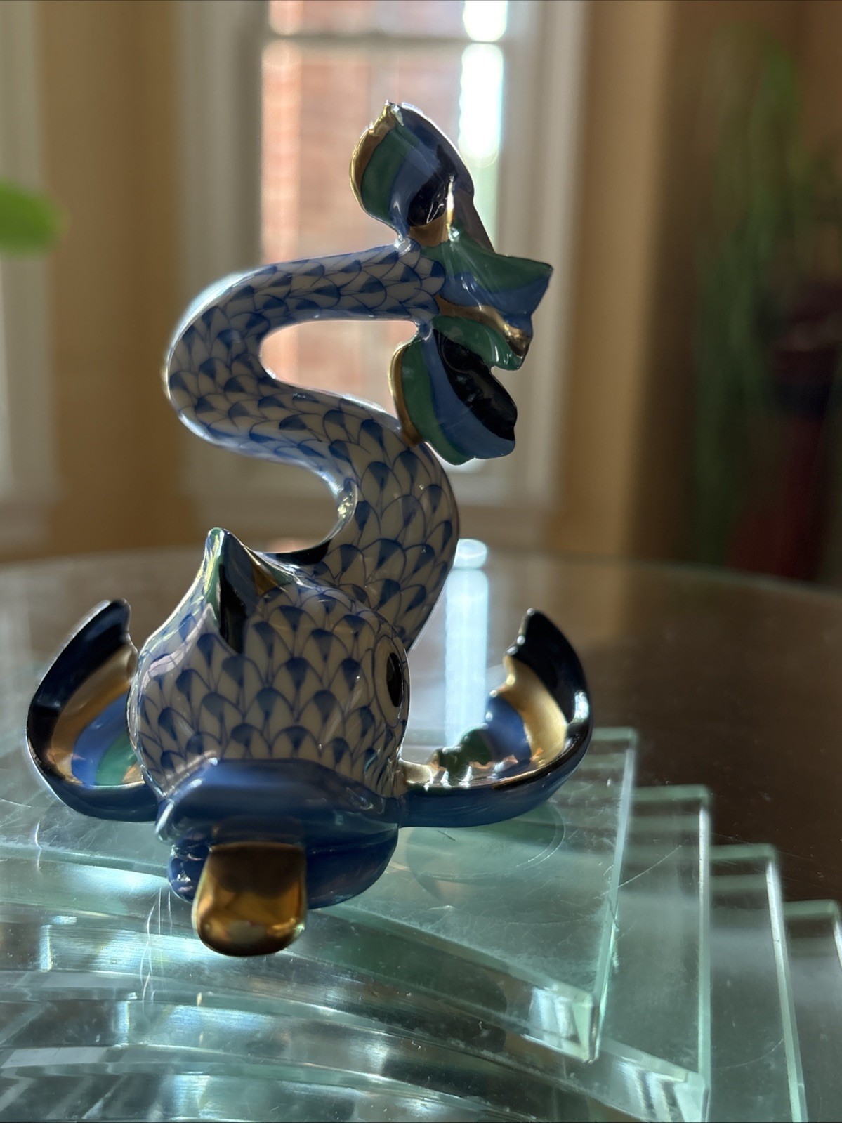 Herend Porcelain Chinese Koi Fish Figurine Blue Fishnet-3.5”-MINT Condition