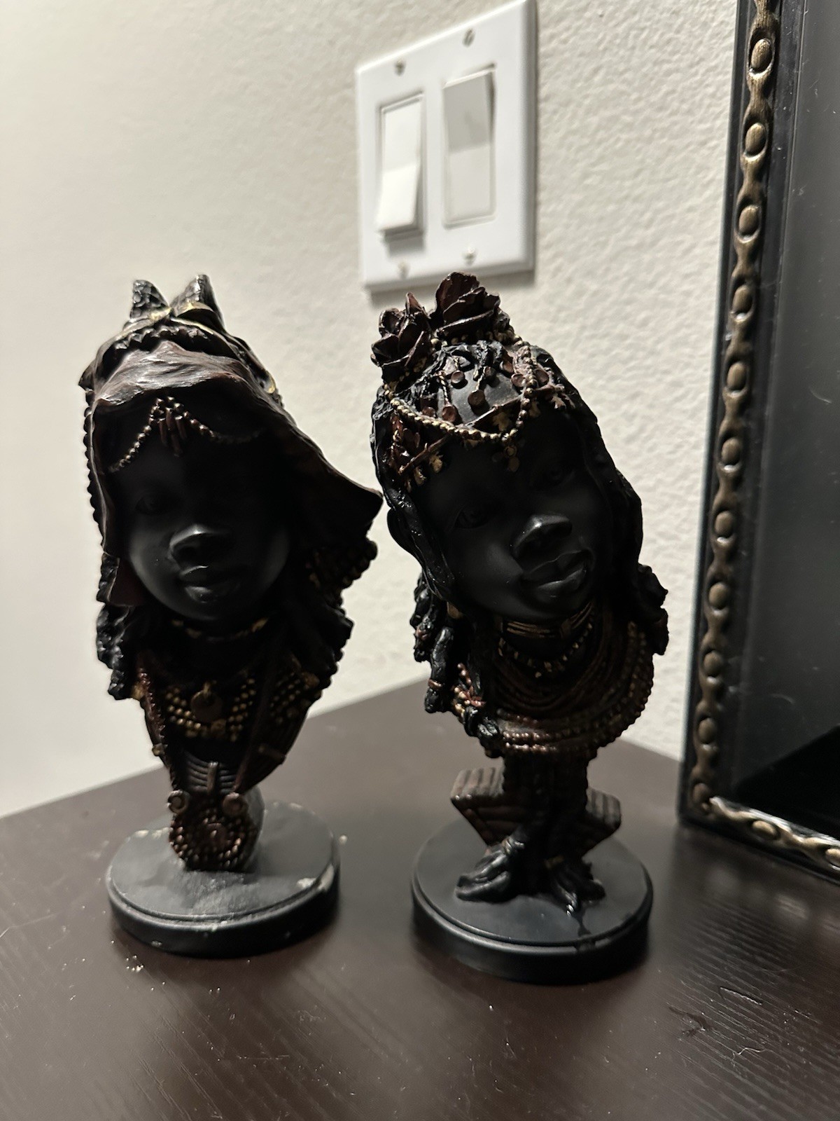 Black Resin Women Bust Figurines Set of 2 on Pedestals, Beaded Headdresses