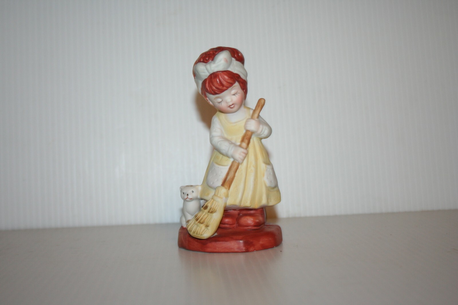 Vintage Figurine Girl w Broom Kitten At Her Feet Hand Painted Bisque Porcelain