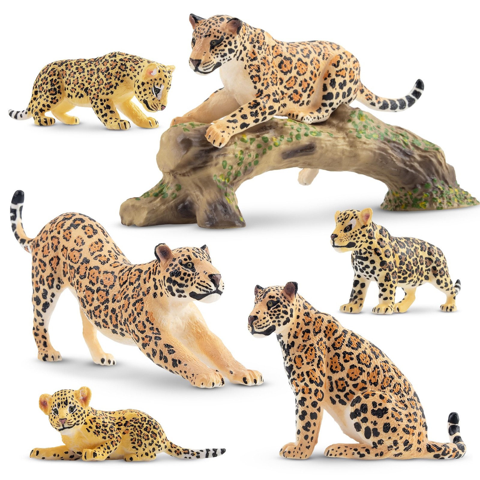 Toymany 7PCS Leopards Figurines with Leopards Cub and Tree Trunk, Realistic Jung