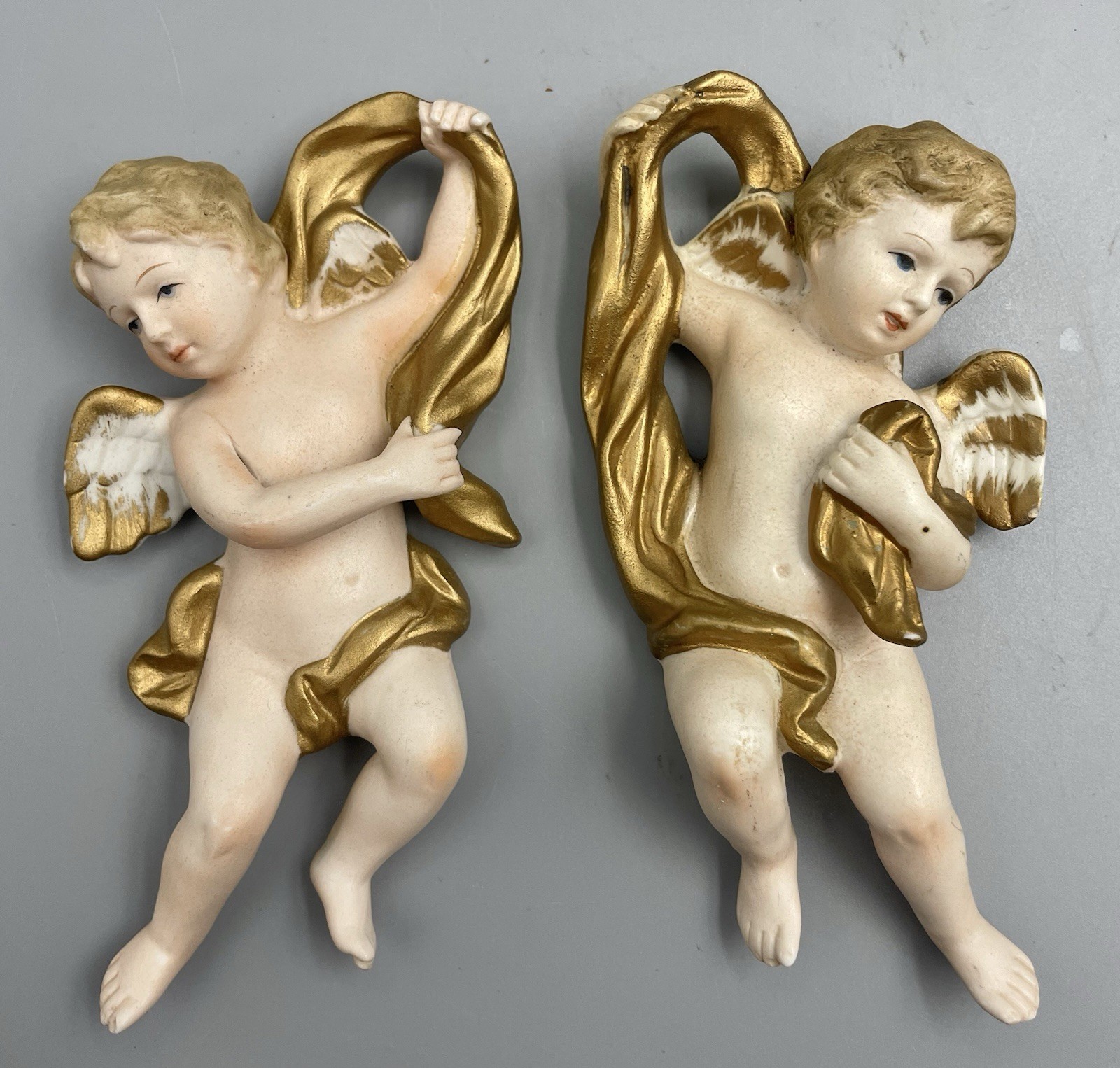 Vintage Cherub Angel Wall Plaques Set of 2 Cream Ivory Ardco Japan Cherubs 6″