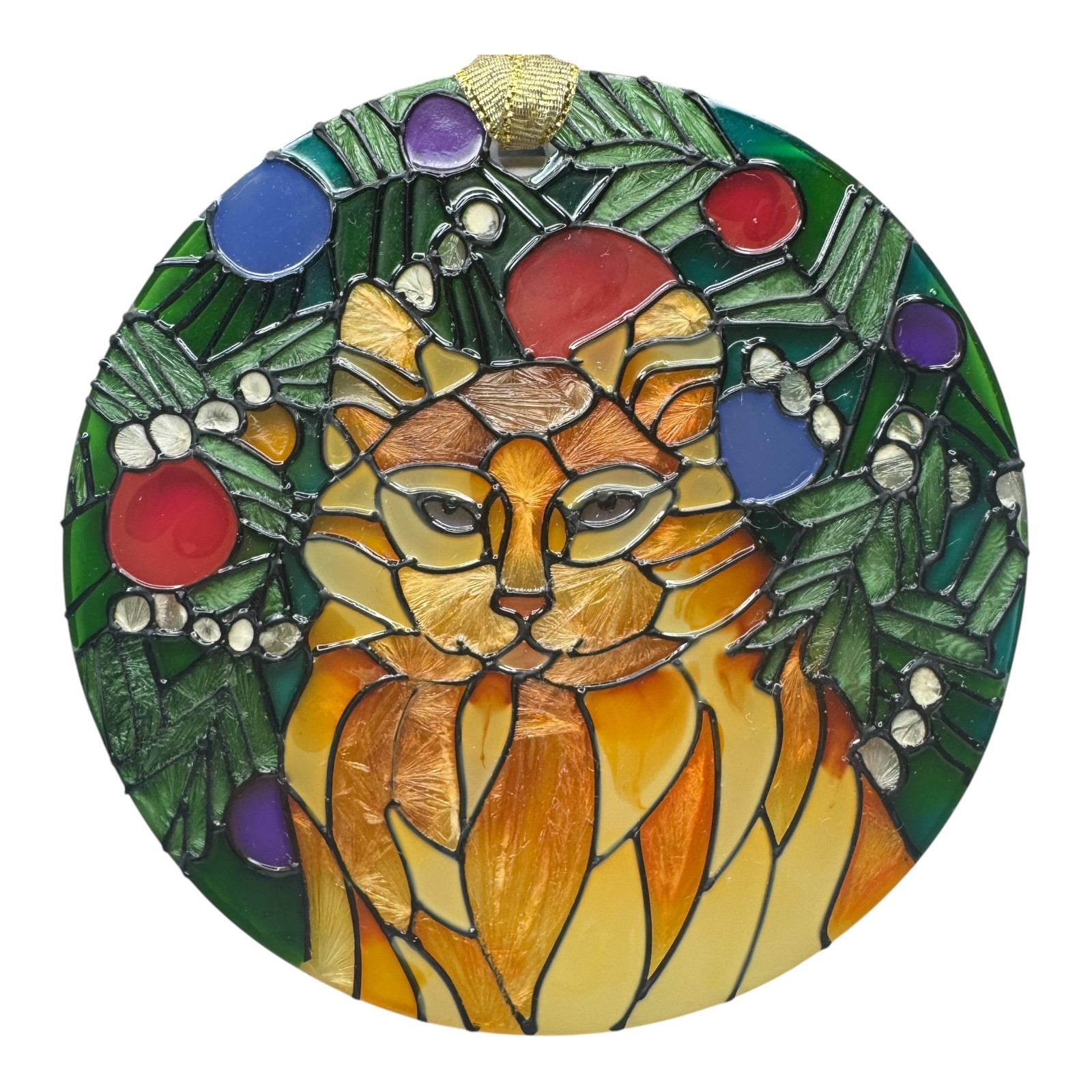 Joan Baker Stained Glass Christmas Cat Suncatcher Ornament Holiday Orange Tabby