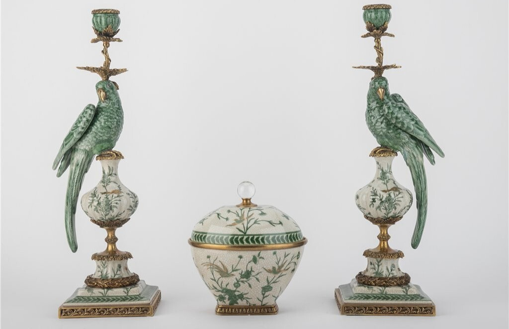 Antique Style Green Parrot Porcelain & Bronze Candlesticks-Candle Holders Pair