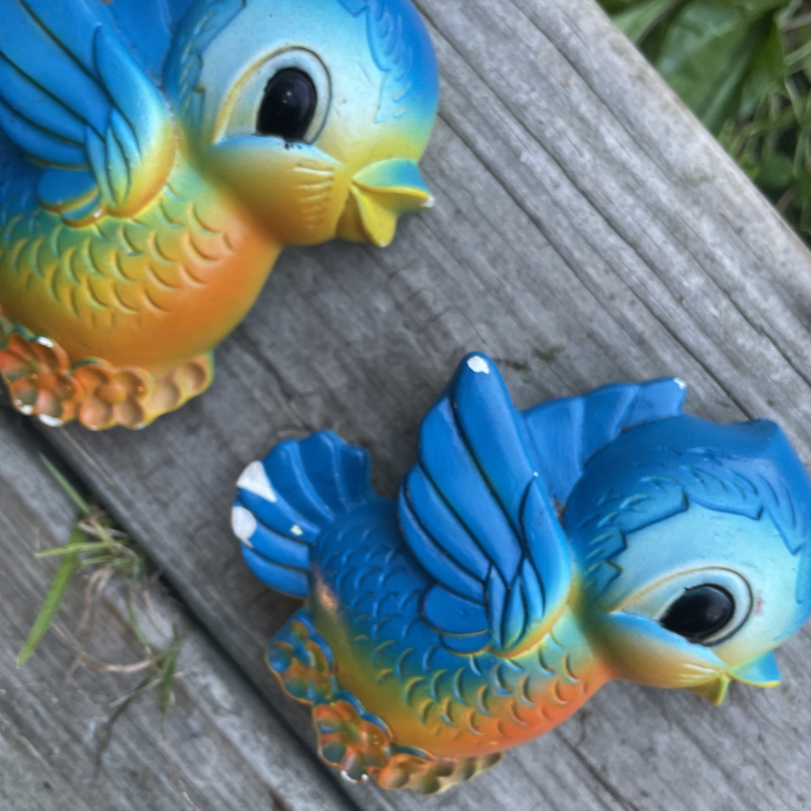 Pair Of Vintage 1970 MILLER STUDIO Chalk Ware Baby Blue Bird Hanging Wall Plaque