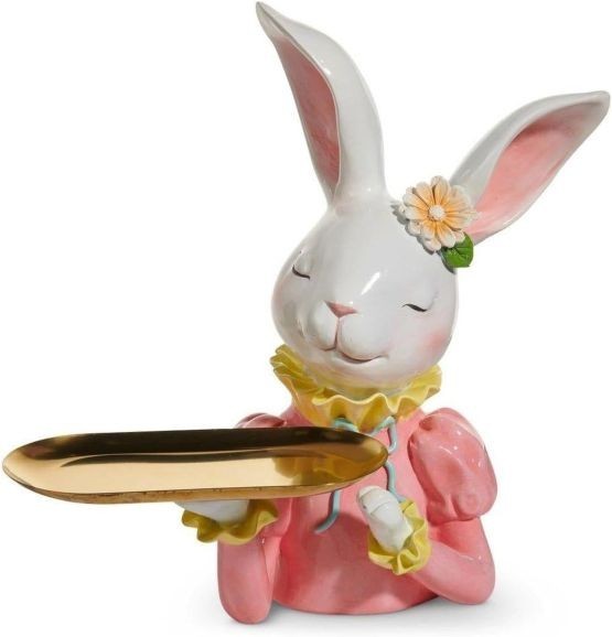 Raz Imports Serving Figurine With Gold Tray Pink and White 11.7.5”