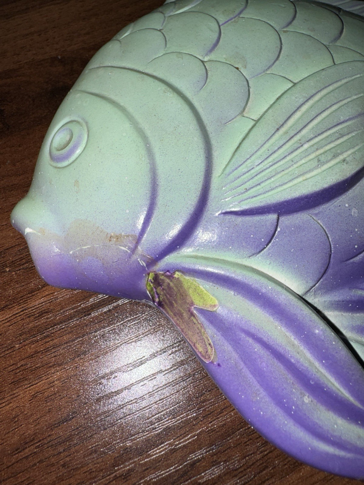 Vintage Miller Studios 1978 Fish Chalkware Set Of 2 Bright Teel Green & Purple