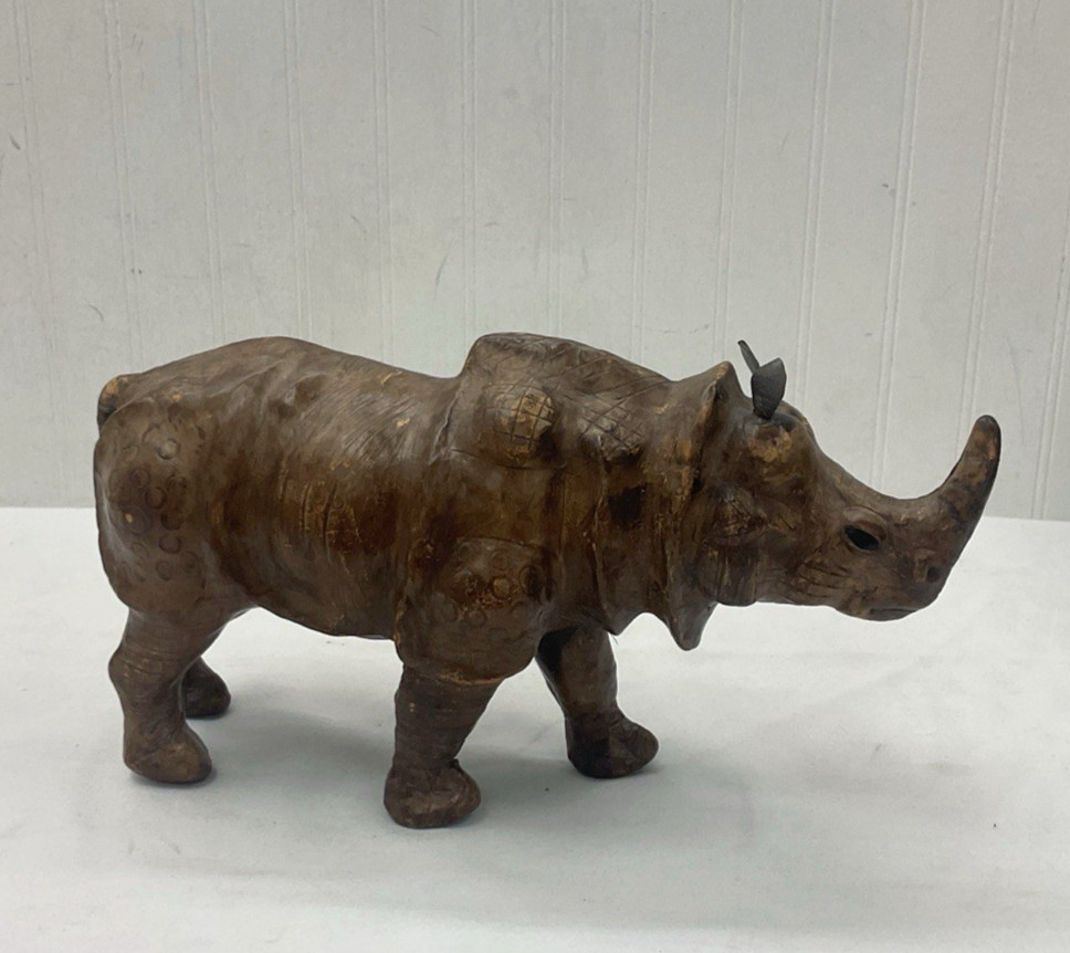 Vintage Leather Wrapped Rhino Figurine With Glass Eyes | 11×6″