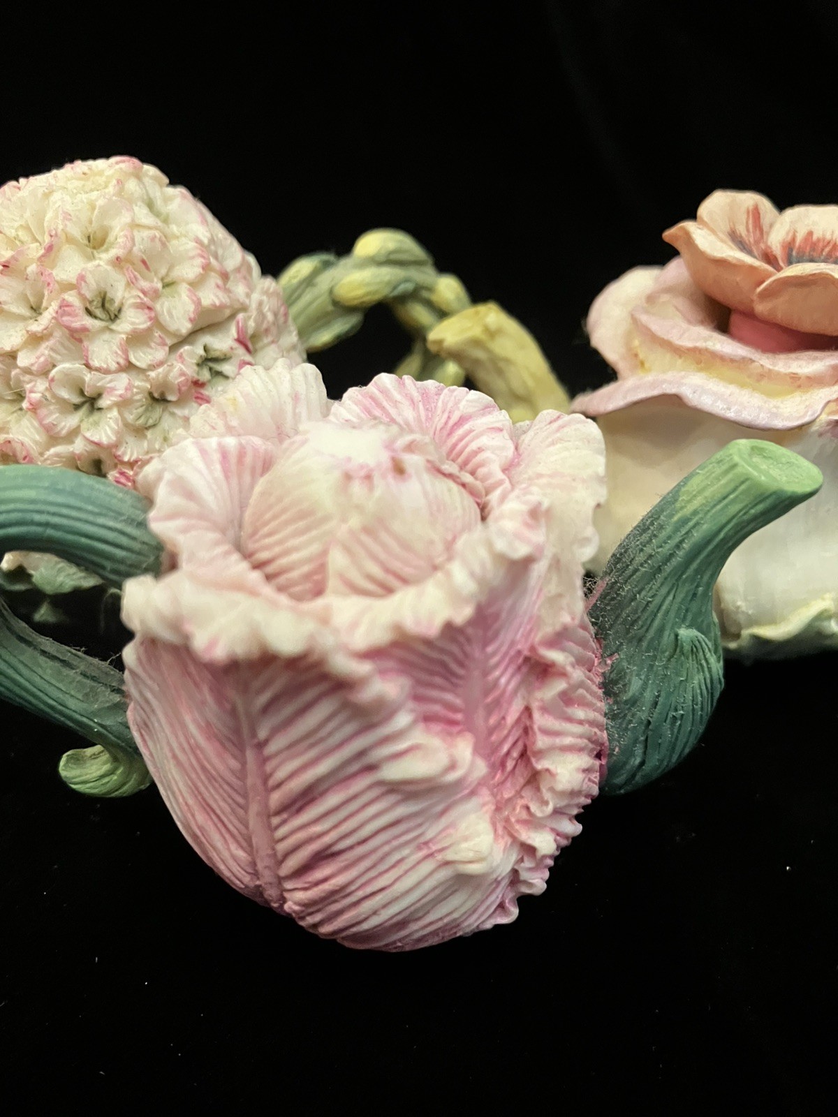 Set of 3 Miniature Flower Doll House Fairy Teapots Hydrangea Camellia Rose Tulip