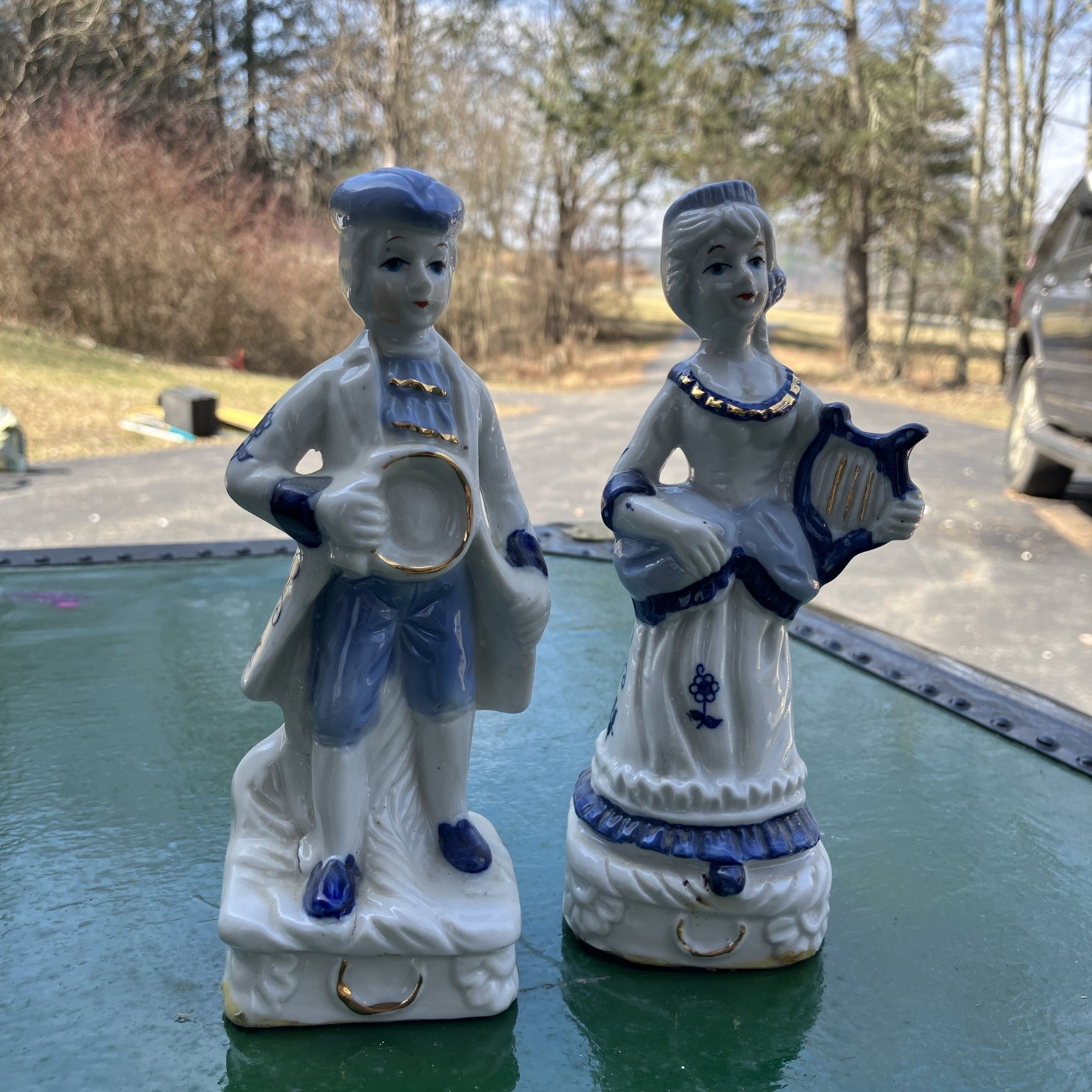 Vintage Colonial Man Woman w/ Harp Blue, White, Gold Porcelain Colonial 6”