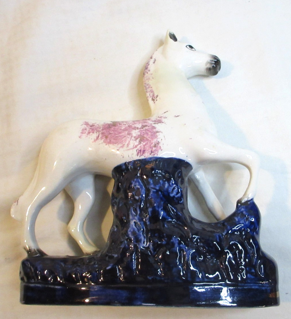 AMAZING~STAFFORSHIRE WARE ENGLAND~WHITE HORSE WITH PURPLE & GOLD ON BLUE BASE~