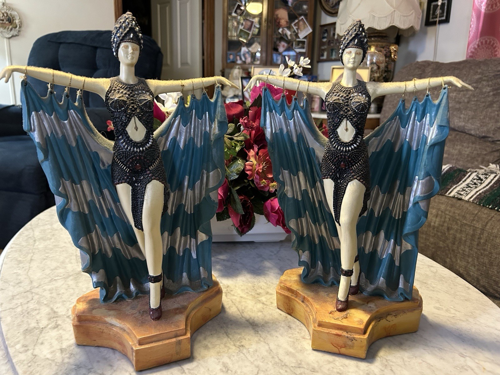 Demetre Chiparus Semiramis Art Deco Pair Figurines Blue Beige Black