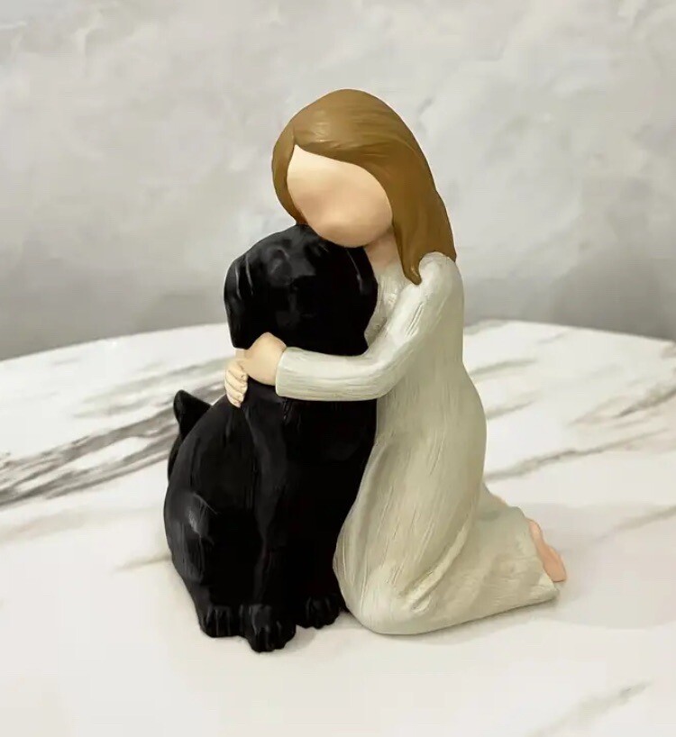 Young Girl & Her Black Dog Figure Statue Woman Memorial -Reminiscent Willow Tree