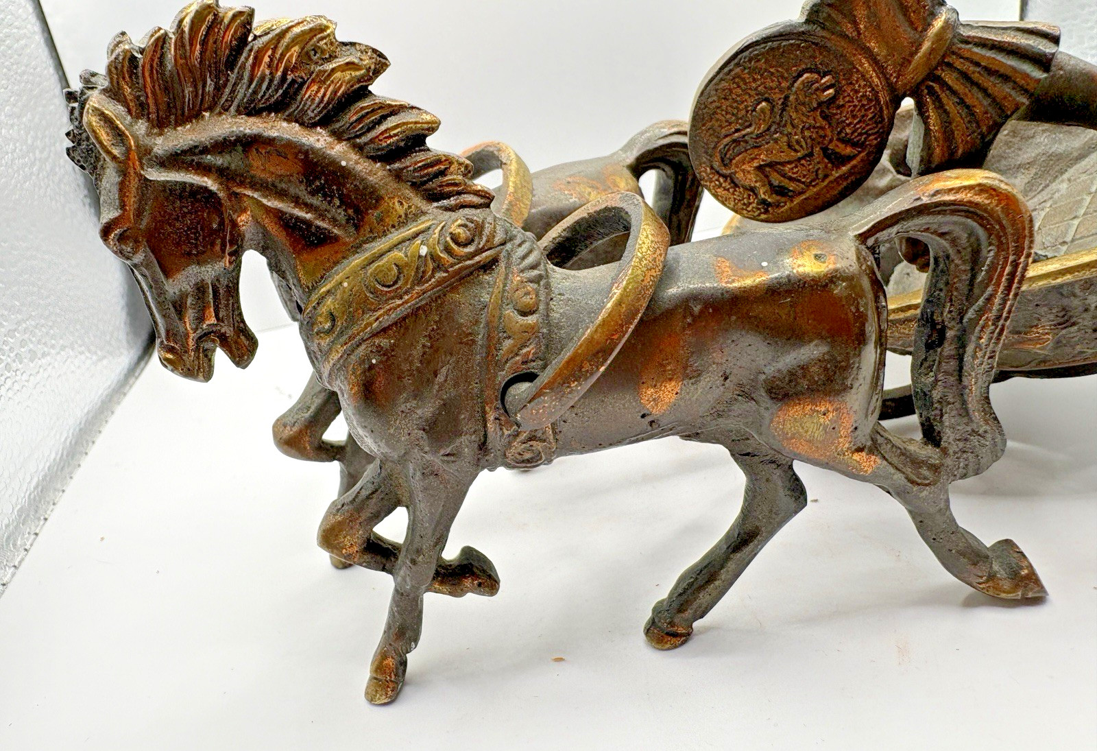 Vintage Roman Soldier Spear 8″ Two-Horse Chariot Lion Shield Copper Brass GUC