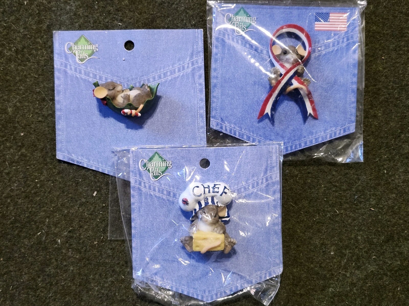 Charming Tails LAPEL PIN Lot Of 3 Chef Christmas USA Ribbon