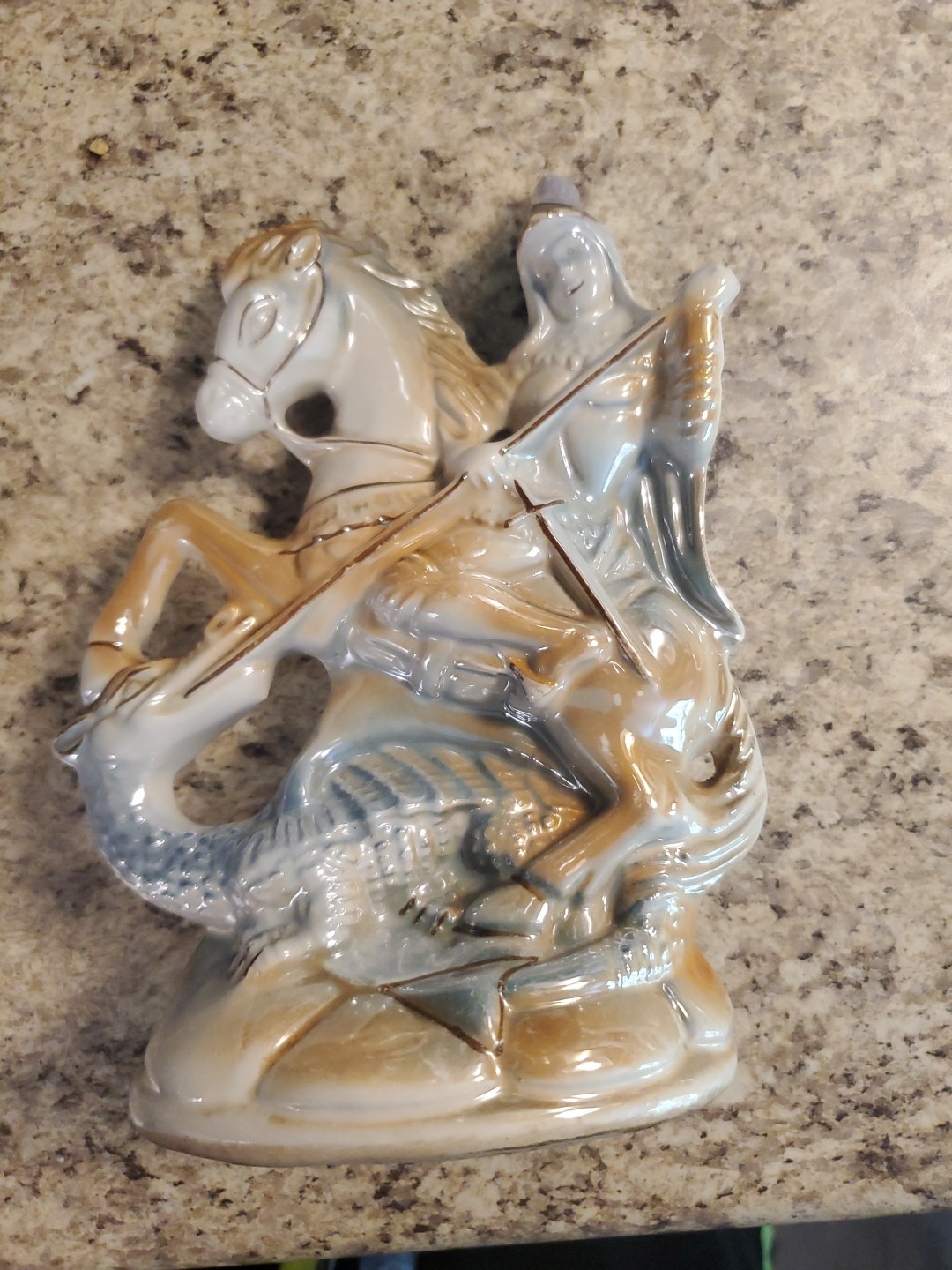 St. George Slaying Lusterware Statue Figurine Ceramic Horse Dragon 7.5″ Tall