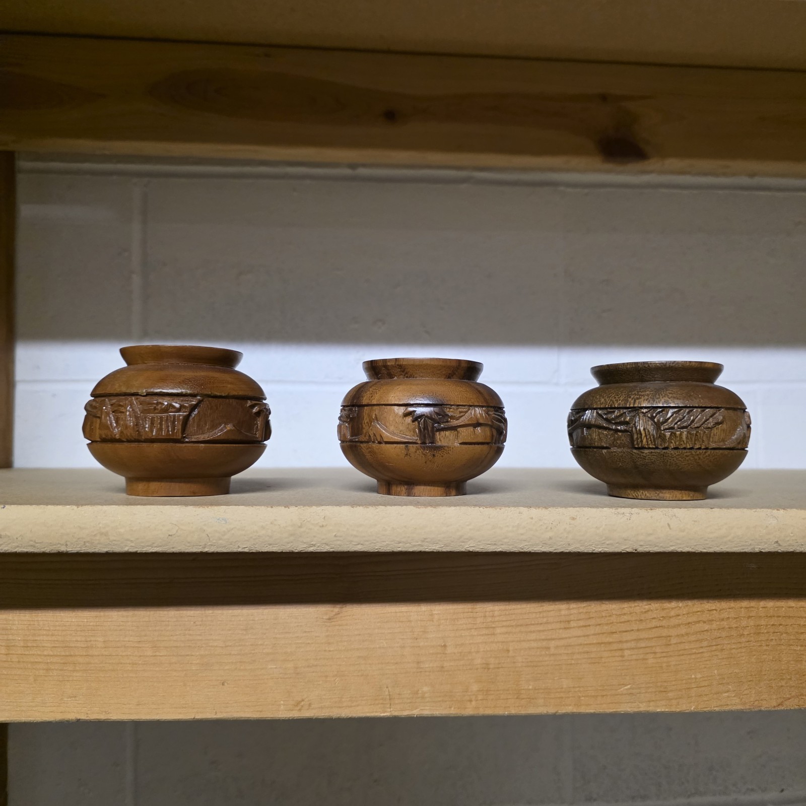 Vintage hand-carved wooden vessels Mid Century Small Set Of 3