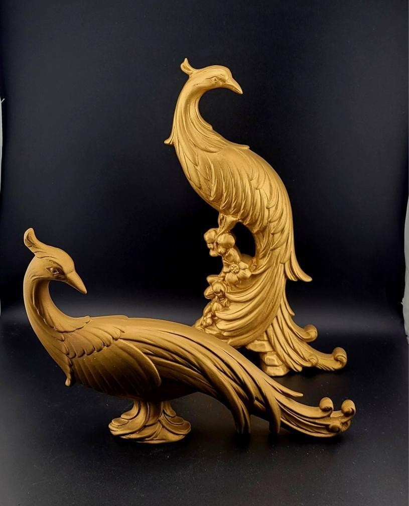Signed Vintage Ceramic Gold Peacock Pheasant Figurines 1966