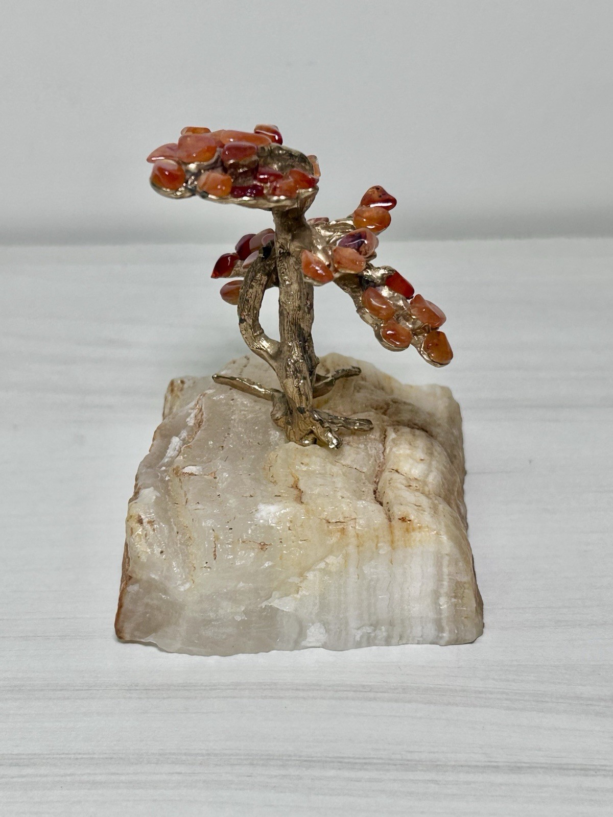Vintage AMARO Stone & Gold Tone Metal BONSAI TREE SCULPTURE on Rock Signed