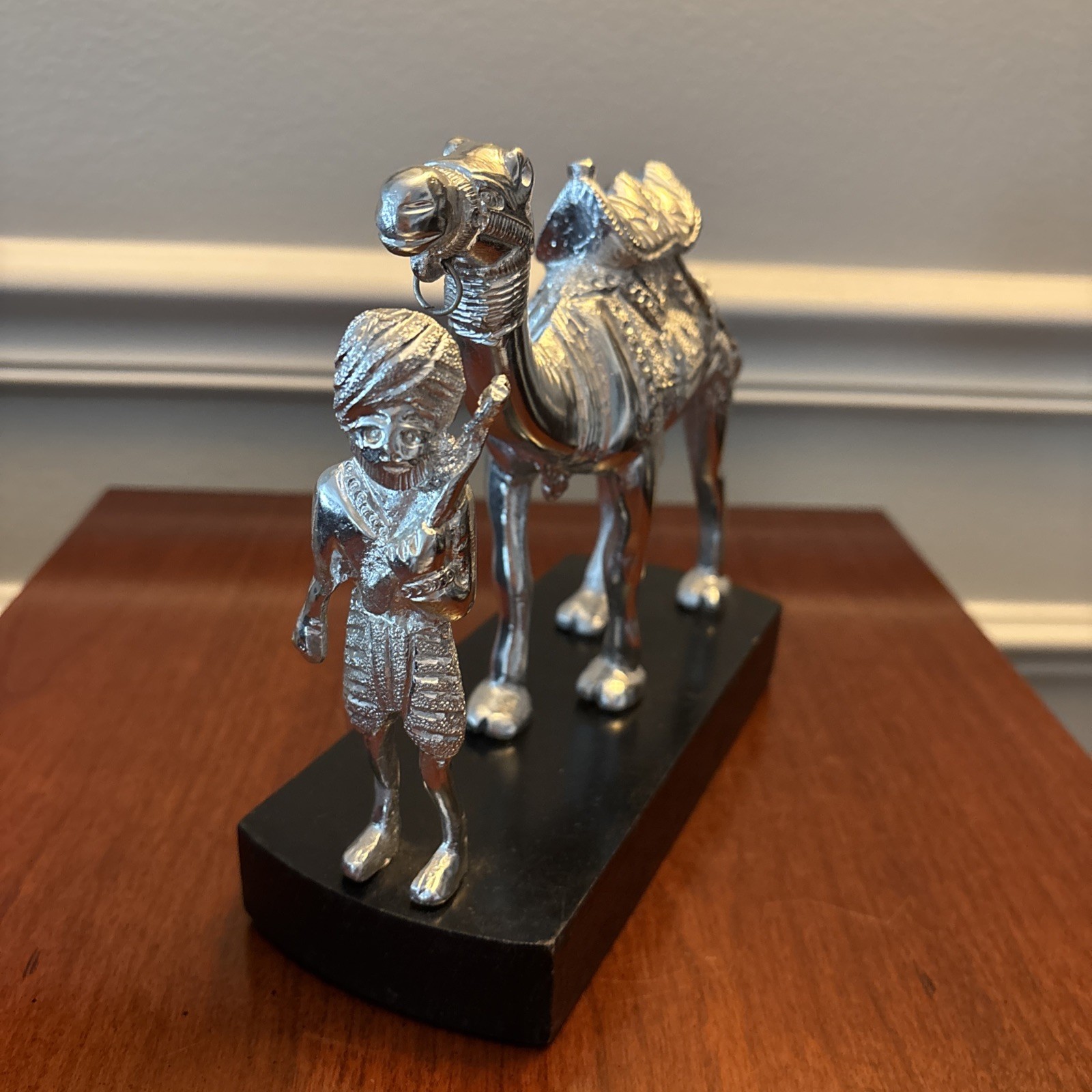 Vintage Silver Metal Plated Man Leading A Camel On Wooden Base Numbered 38/50