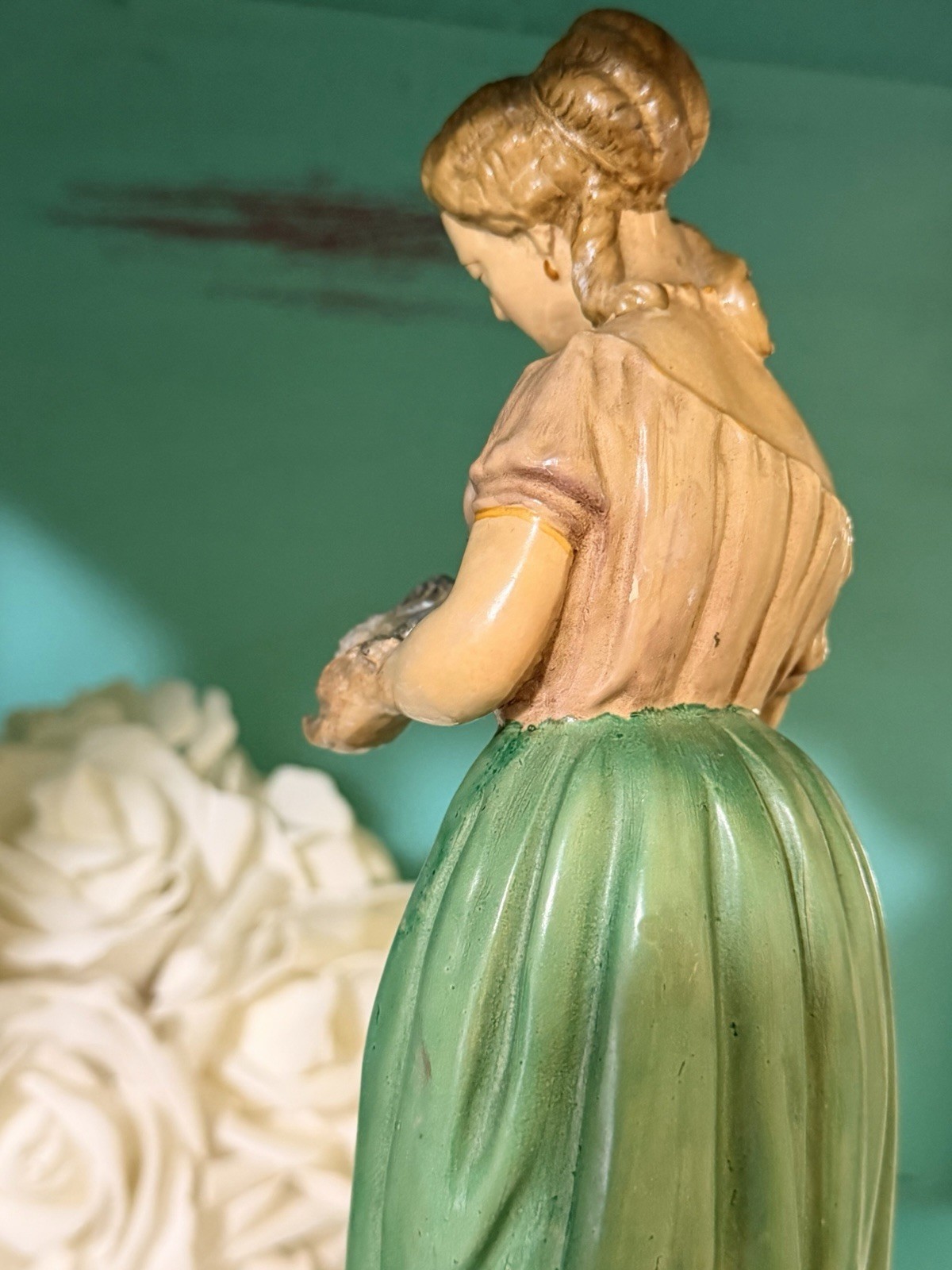 VTG Borghese Handpainted Peasant Girl Holding a Bird Chalkware Figurine 11″ USA