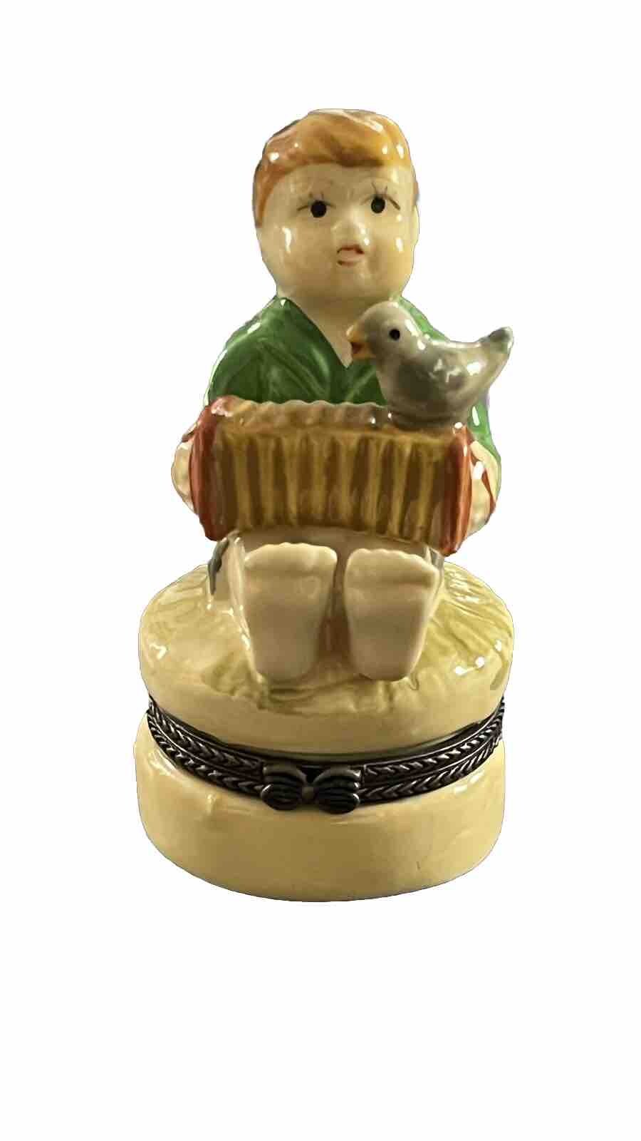 Boy Sitting Accordion Ceramic Trinket Figurine Majolica Handpainted 3×1.25 In