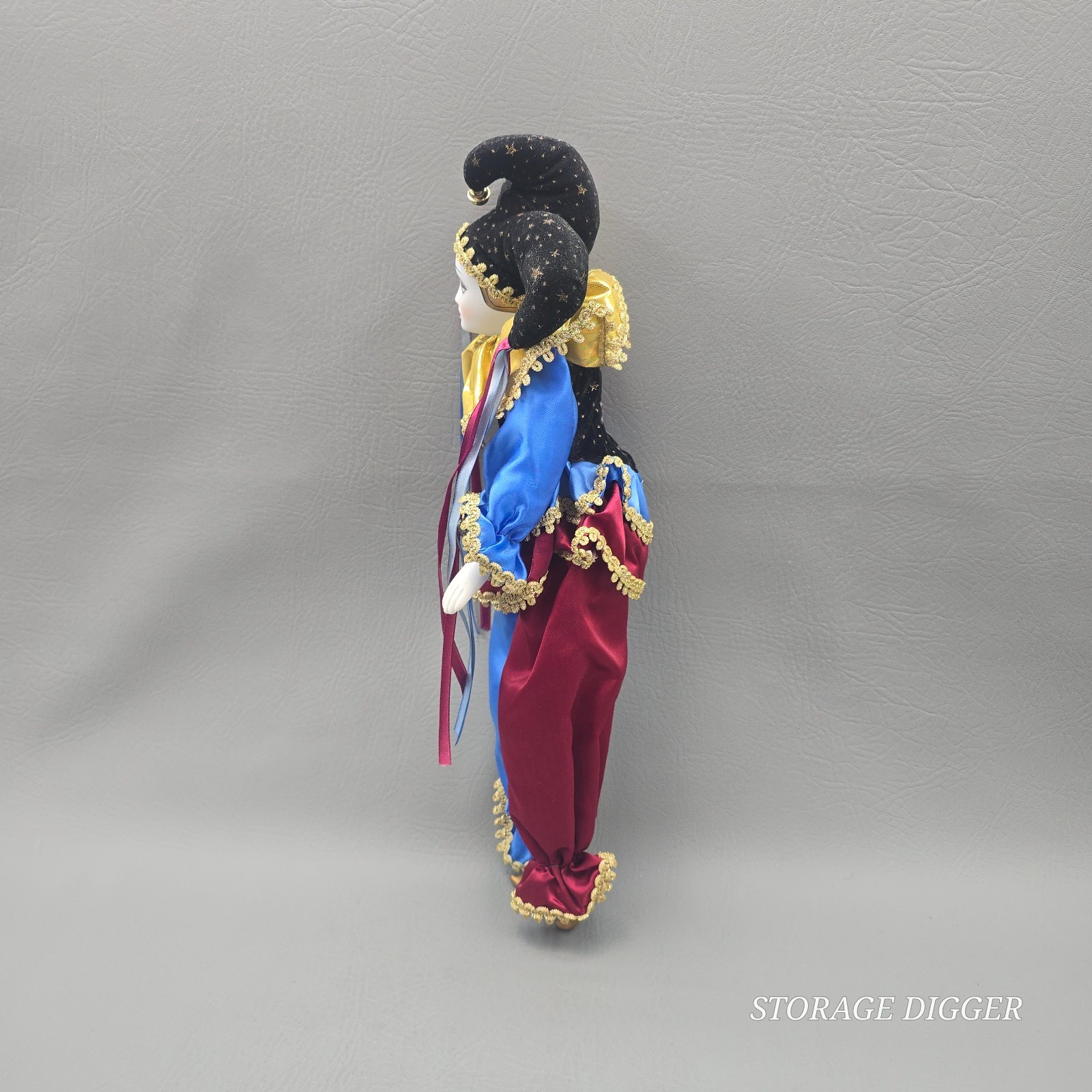 VTG Porcelain Jester Harlequin Doll Multicolor Costume Star Hat Ruffle Collar