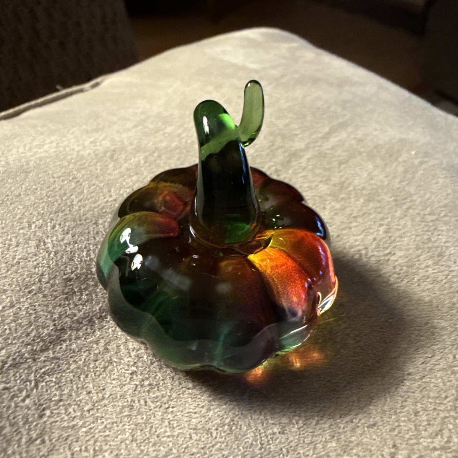 Pretty Handcrafted Glass Multi Colored Pumpkin With Green Stem Figurine