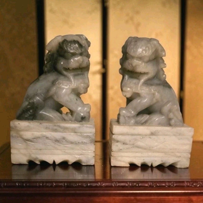 Chinese Pair Of Gray Marble Carved Soapstone Foo Dogs Guardian Lion Bookends 4″