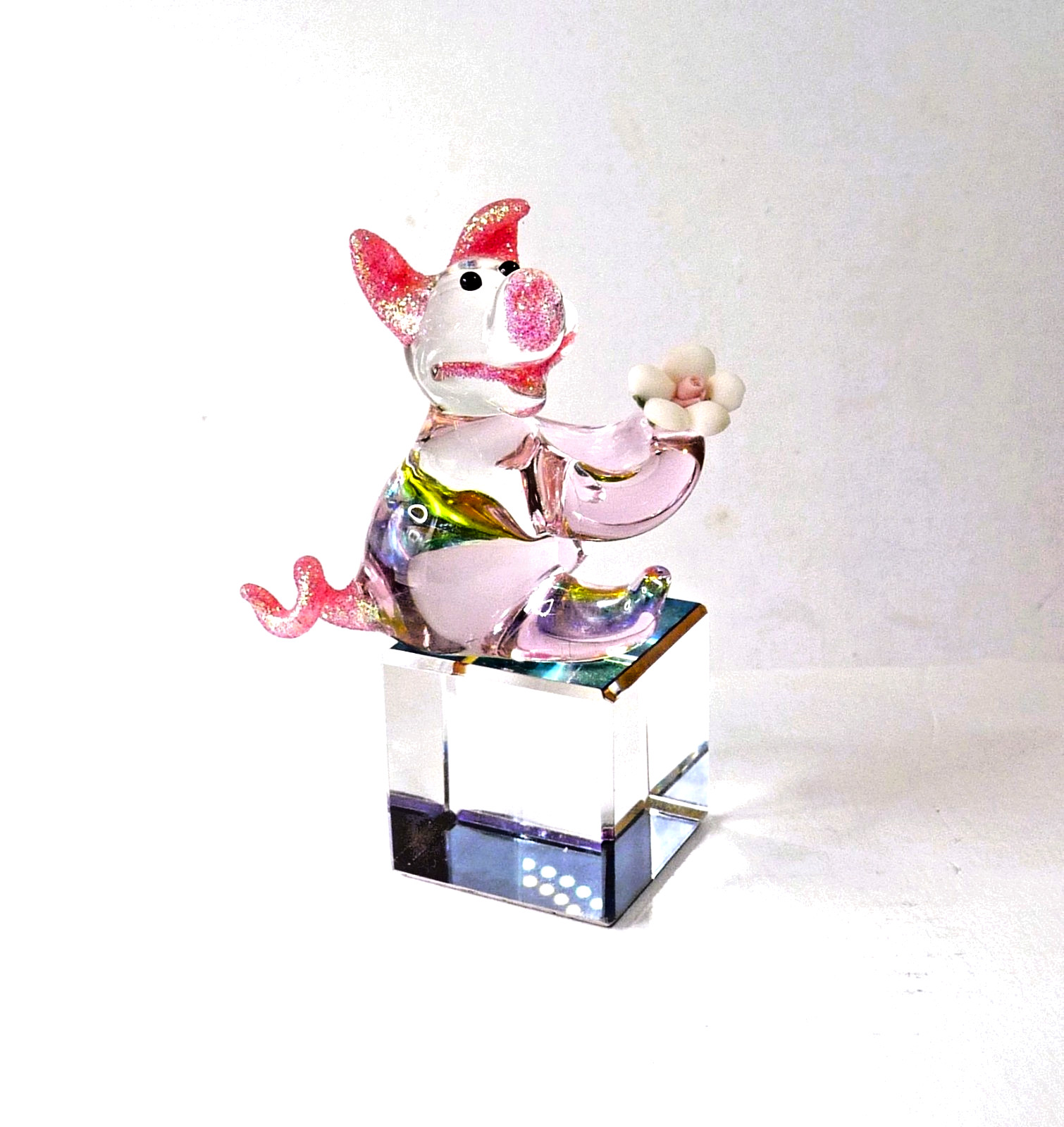 Vintage Glittery Art Glass Pig Piggy Holding White Flower On A Crystal Cube