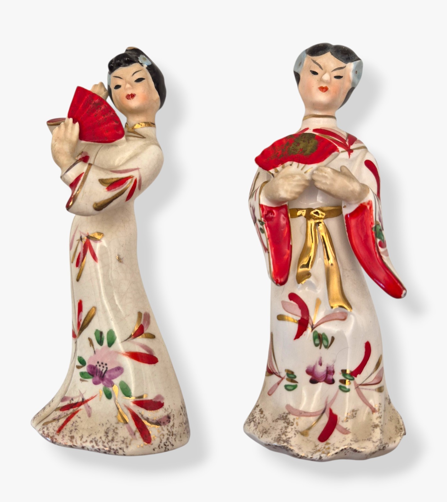 Vintage Japan Geisha Figurines Pair Porcelain Asian Ladies Fans Floral Kimono 6″