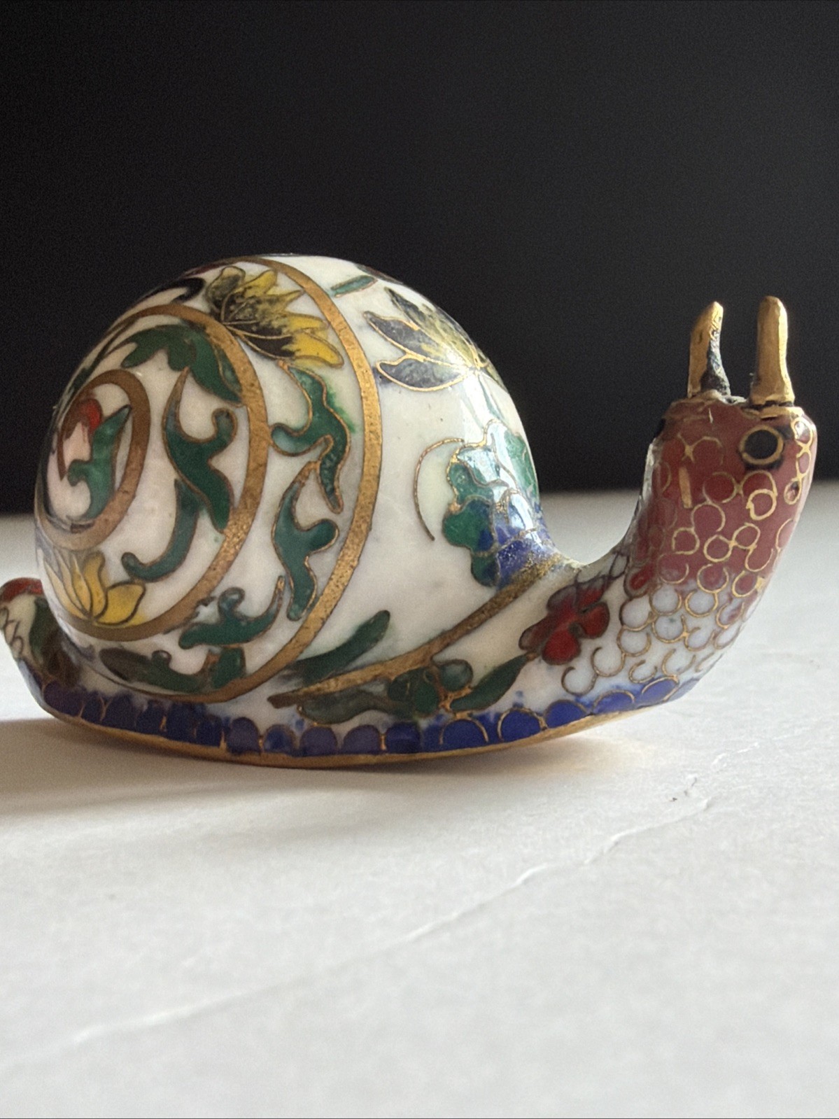 Vtg Miniature Cloisonne Brass Enamel Snail Statue Figurine Wooden Base