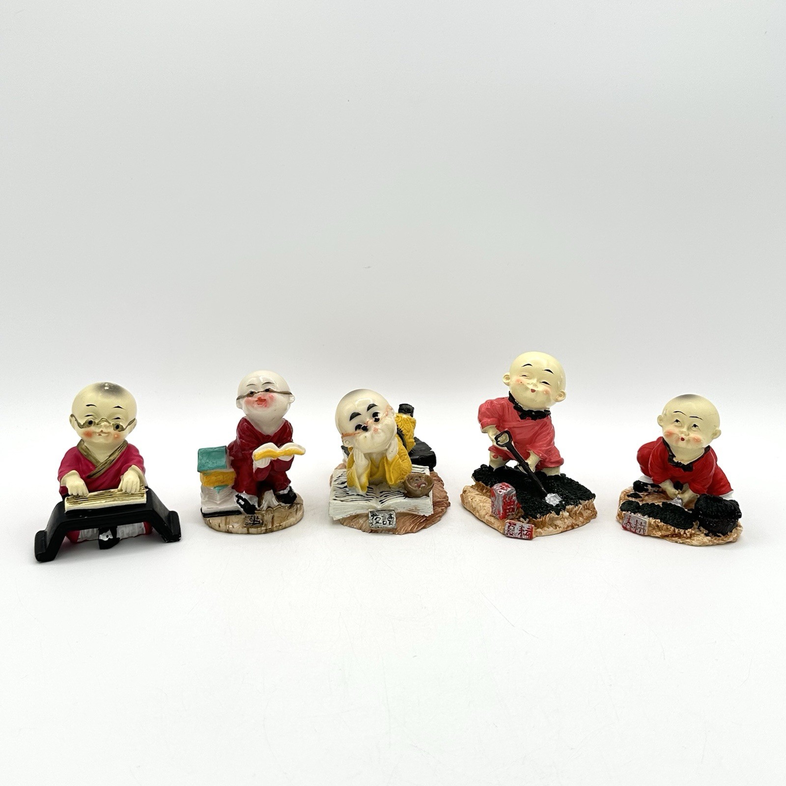 Vintage Boy Monk Resin Figures Set Of 5 Various Poses Asian Figurine READ