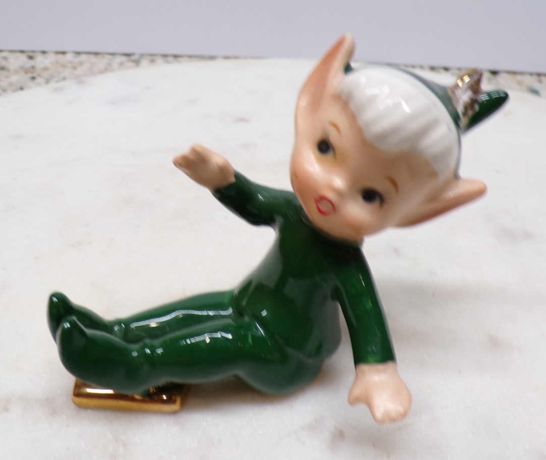 1950s-60s Lefton #2788 Sitting Pixie Elf Figurine W/Label Baseball Sliding