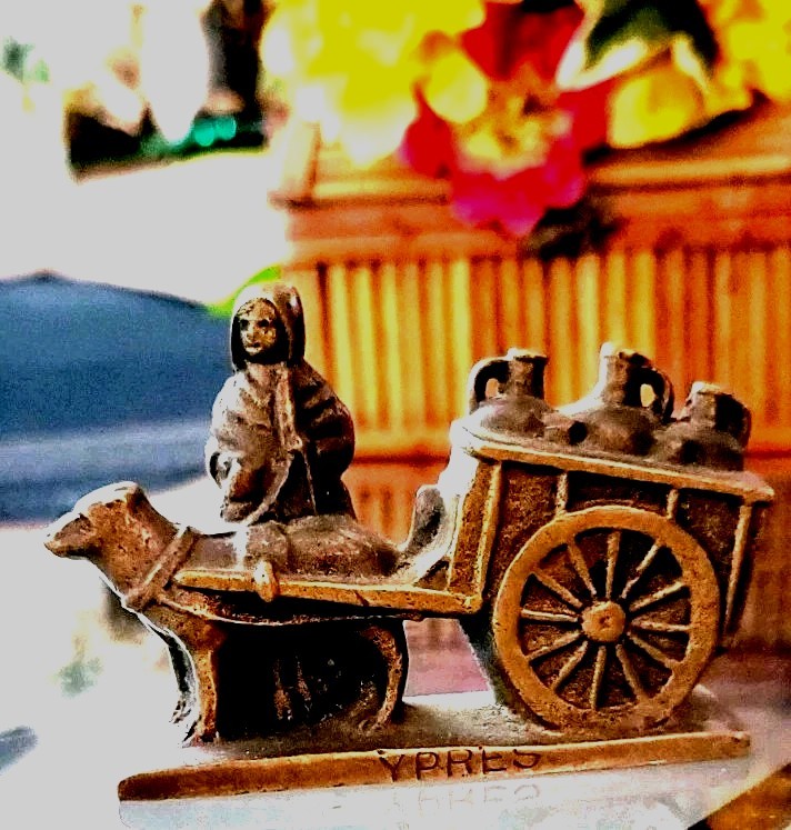 Dog Pulling Milk Cart Handmade Cast Bronze Heavy Marked YPRES Rare Vintage