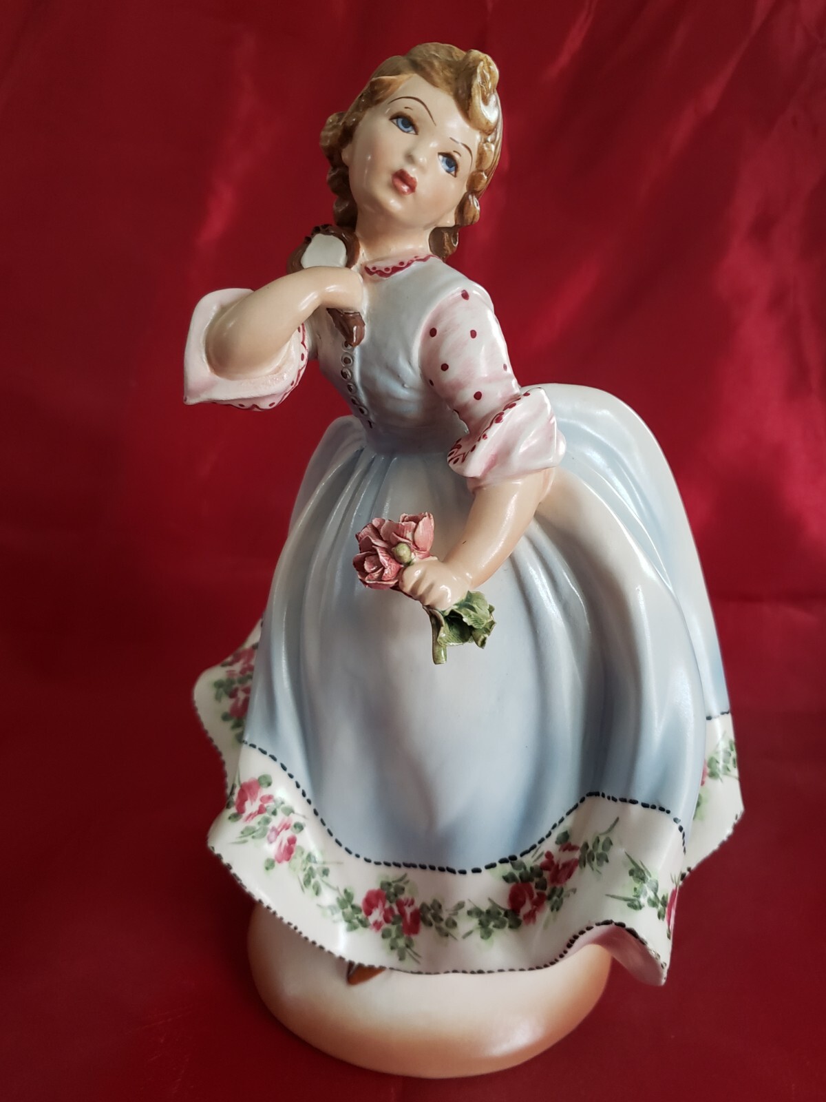 Porcelain Signed Girl Figurine with Mirror and Flowers 10.5″ Tall Made in Italy