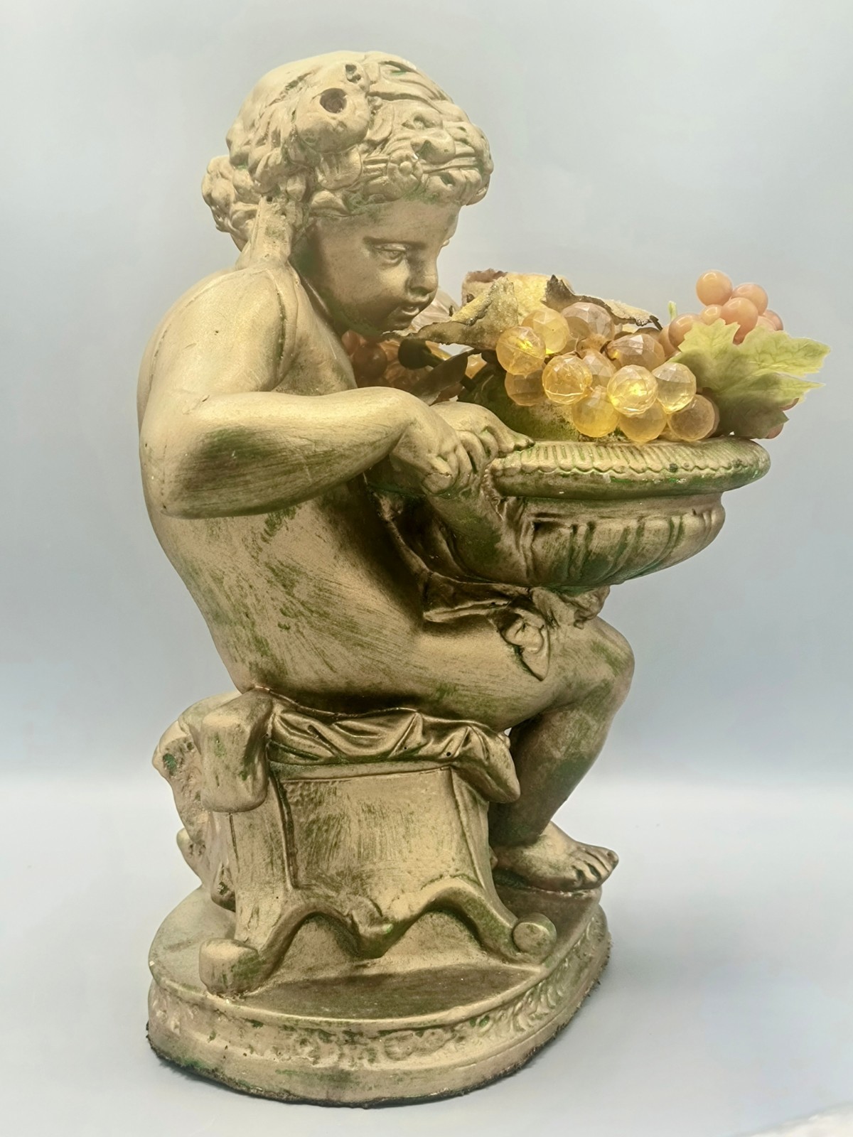 Vintage Plaster Cherub Statue 12″ Antique Gold Pained w/Fruit Bowl Lucite Grapes