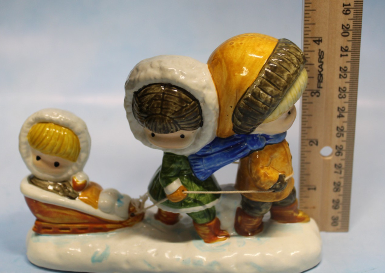 Joan Walsh Anglund. Vtg 1972 Ceramic Figurine children sledding made in Japan.