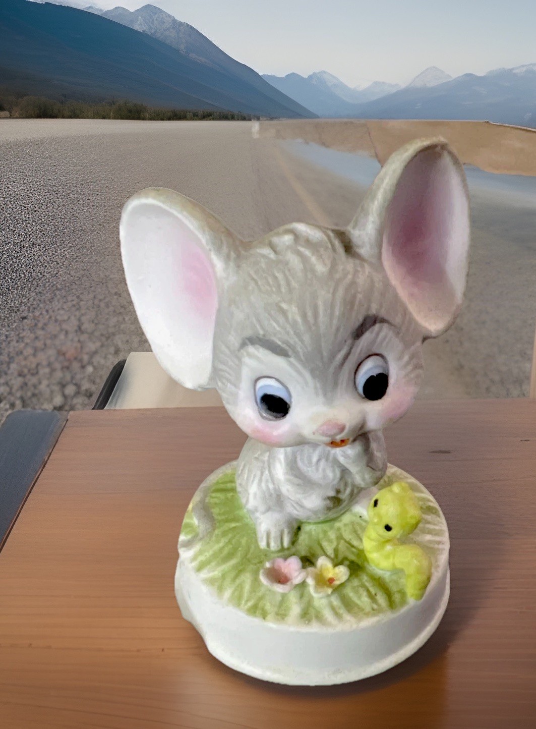 Vintage Napco ware Big Ear Mouse W/Inchworm Flowers Bisque Figurine 3” Adorable