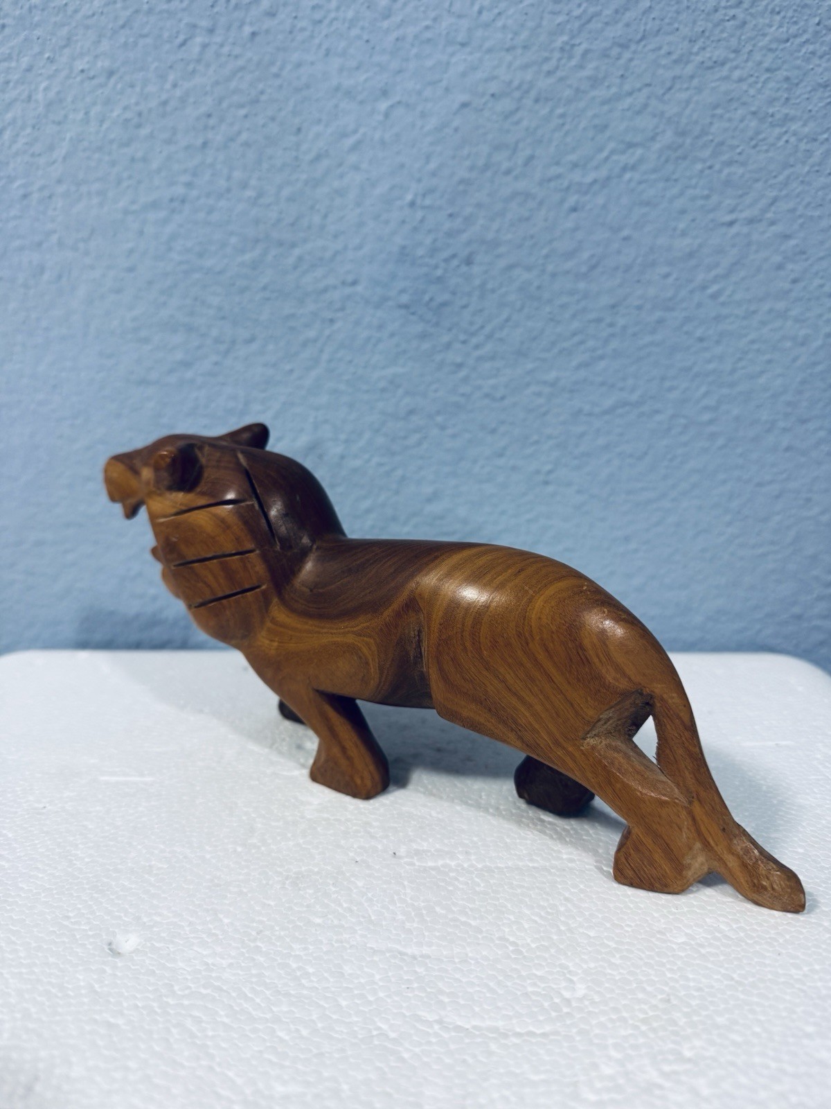 Vintage Hand-Carved Wood Lion Figurine 9” x 4” Figure Sculpture Jungle Decor