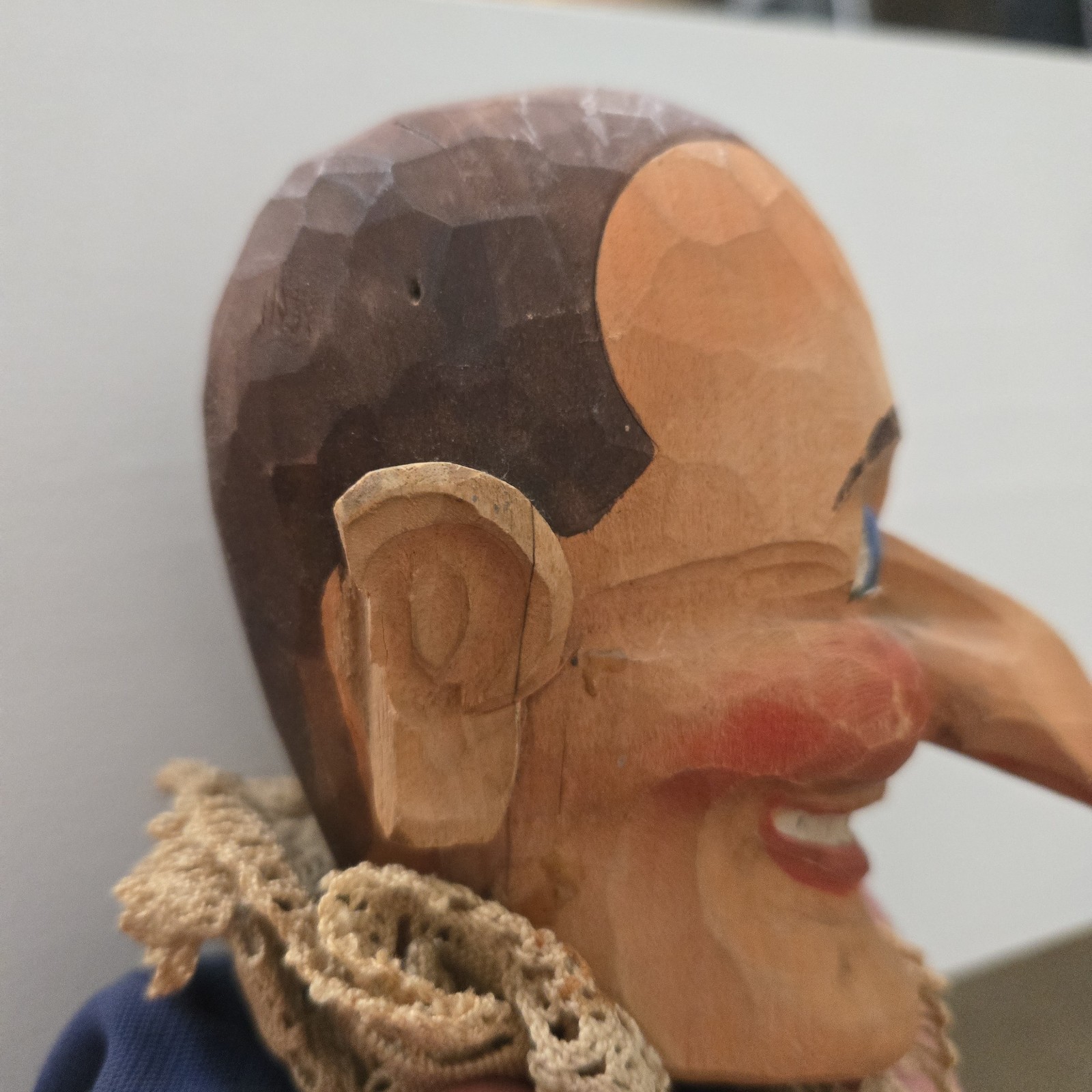 Vintage Hand Carved Wooden Head Hand Puppets Lot of 2 Clown & Character Folk Art