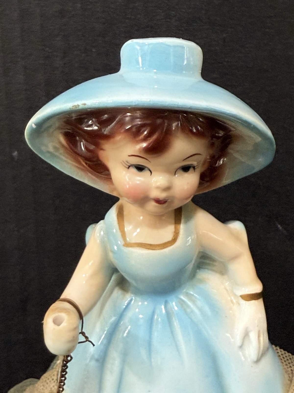 Vtg Ceramic Figurine – Japan – Girl In Aqua Blue Dress & Bonnet Small Dog