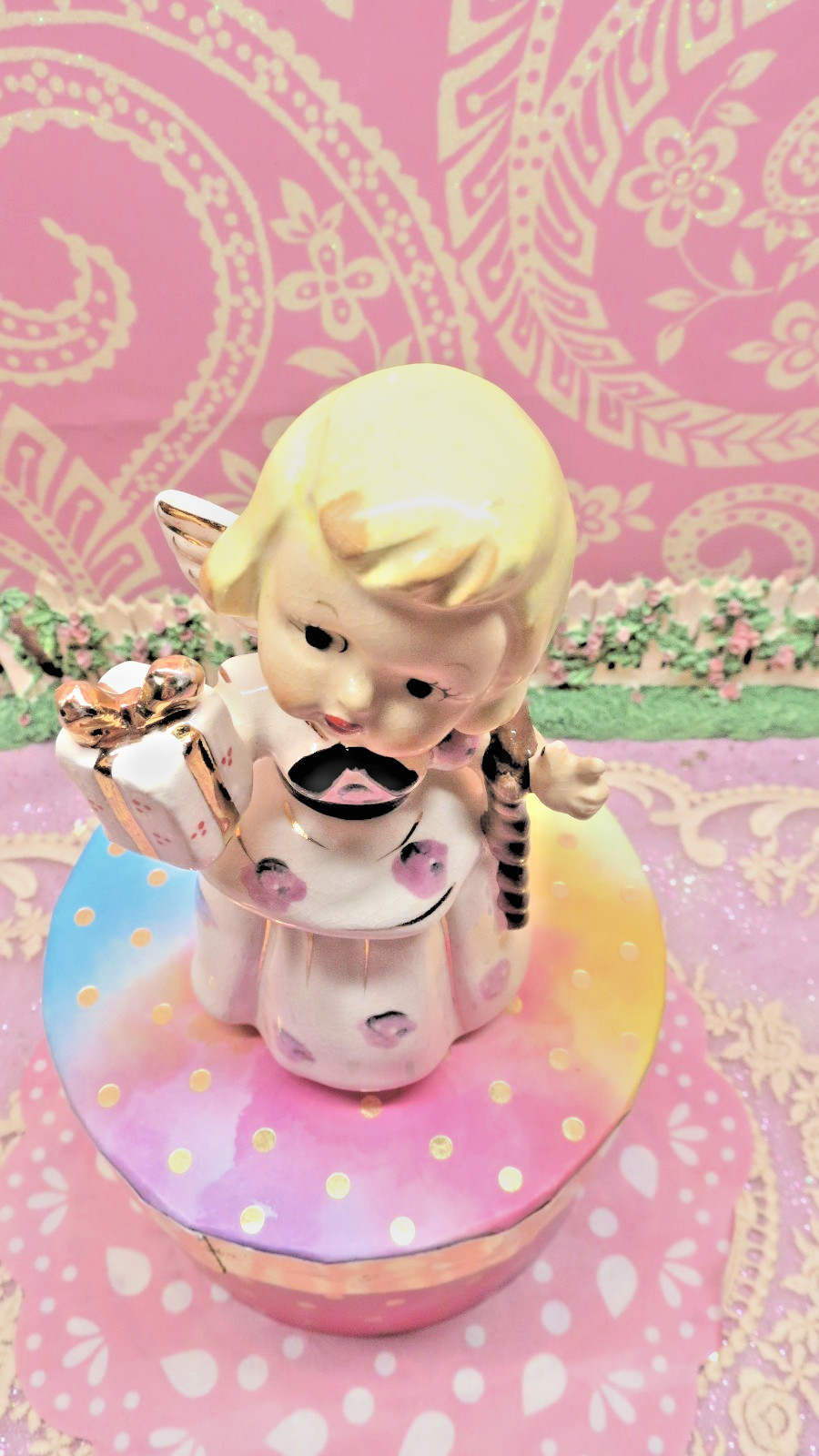 Vtg Ucagco Christmas Angel Holds Holly Berry Gift W GOLD BOW PINK ROSE DRESS