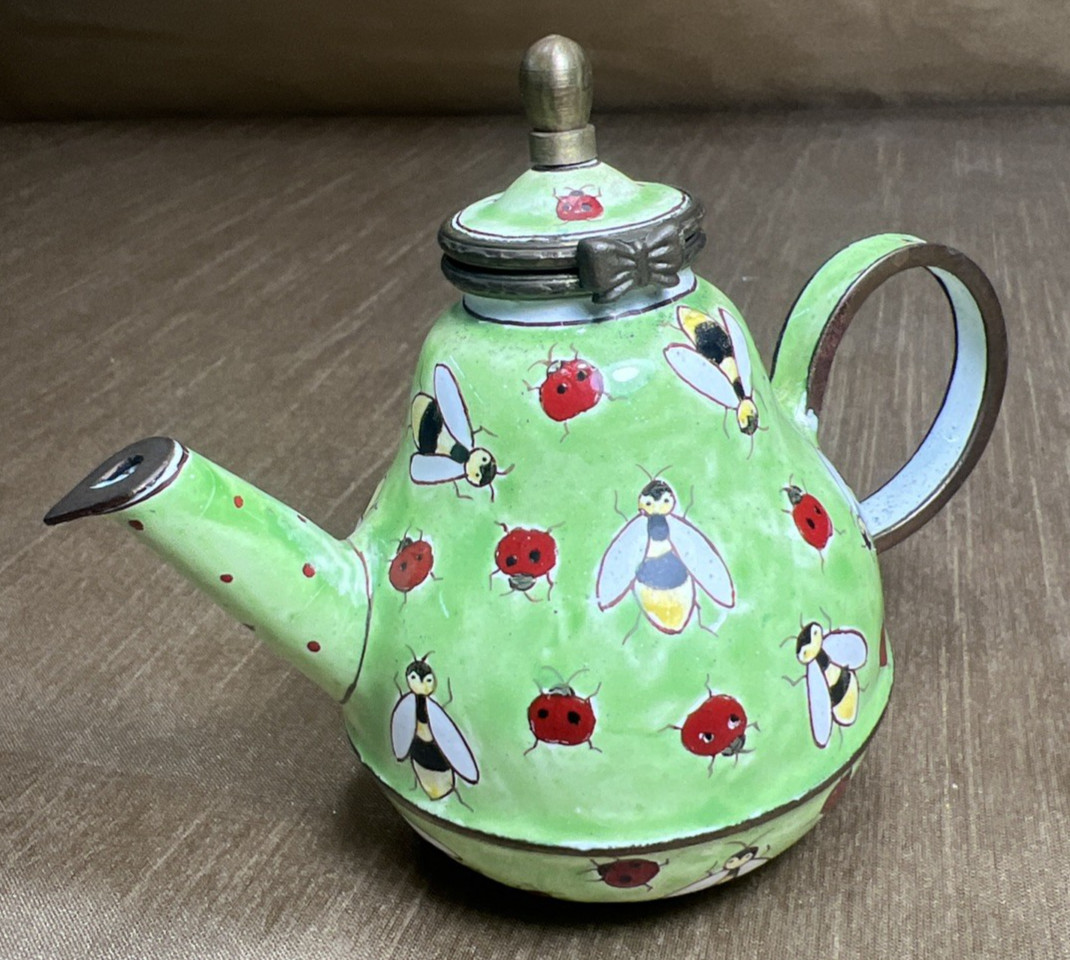 VTG Kelvin Chen Handpainted Enamel Copper Teapot Bees & Ladybugs 1999 Hinged Lid