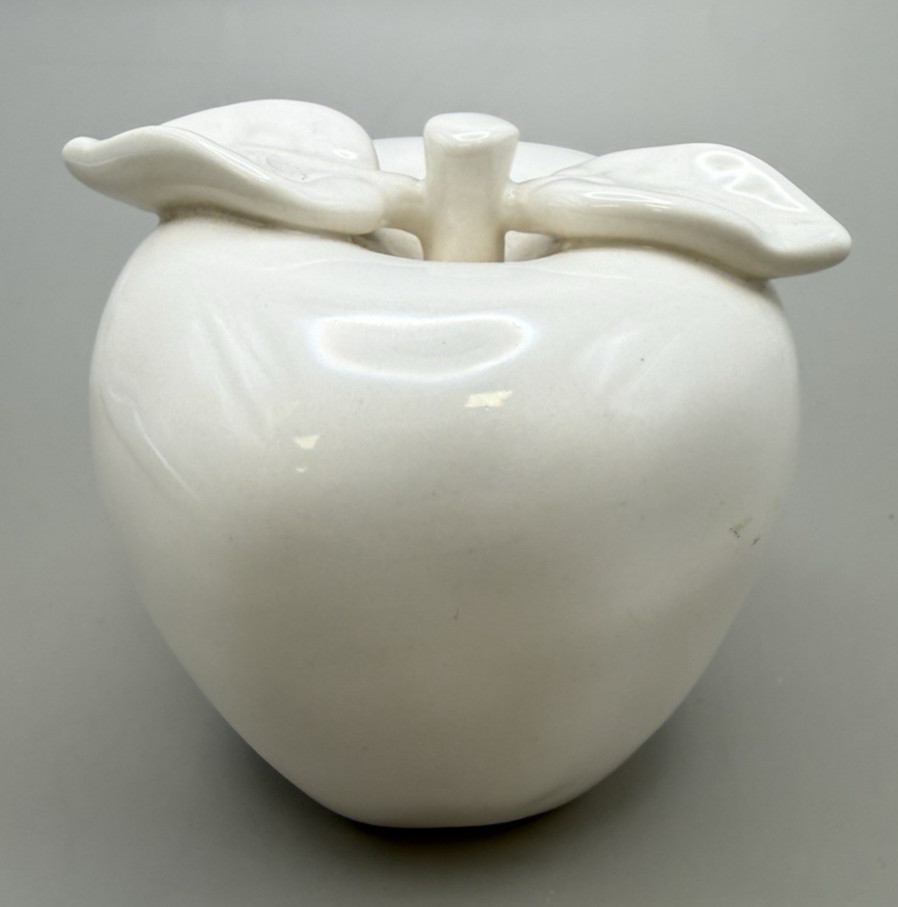 White Ceramic Apple Figurine with Leaf Detail-5″ Decorative Home Accent