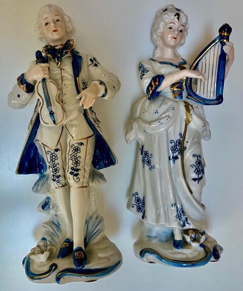Antique Porcelain Blue, White & Gold Gild Victorian Figurines.