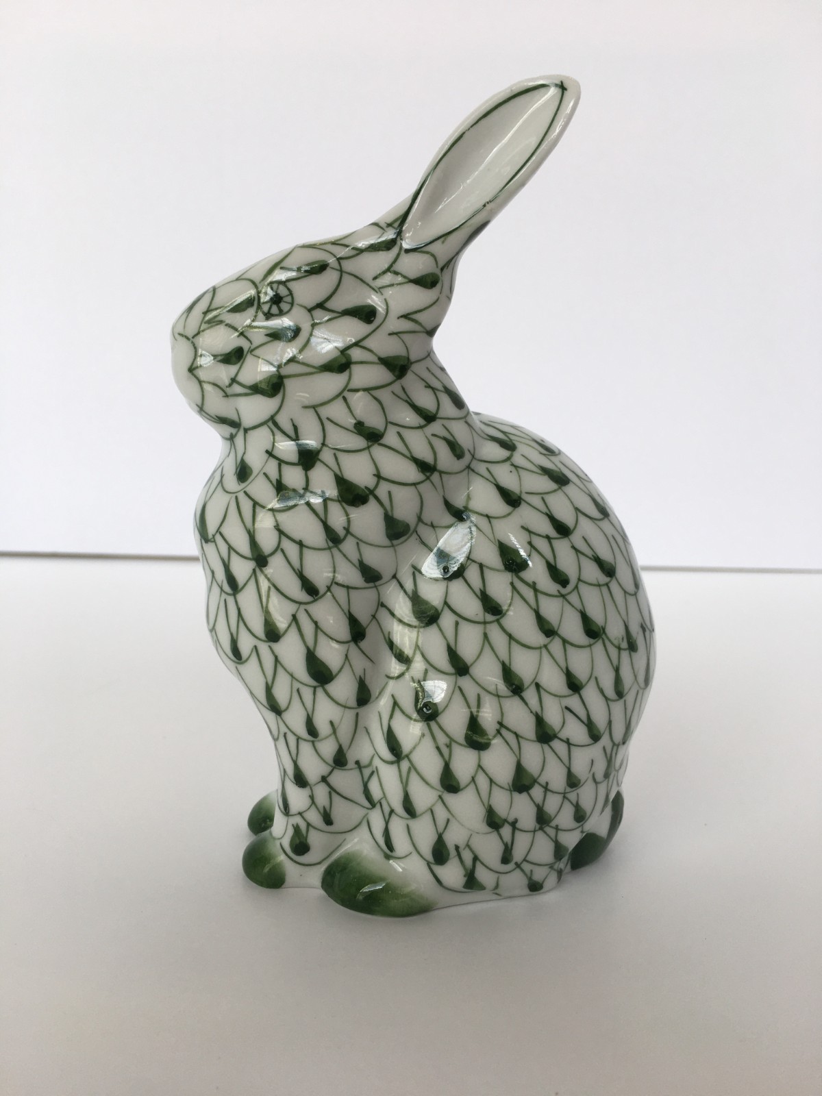 Vintage Green and White Fishnet Hand Painted Porcelain Rabbit