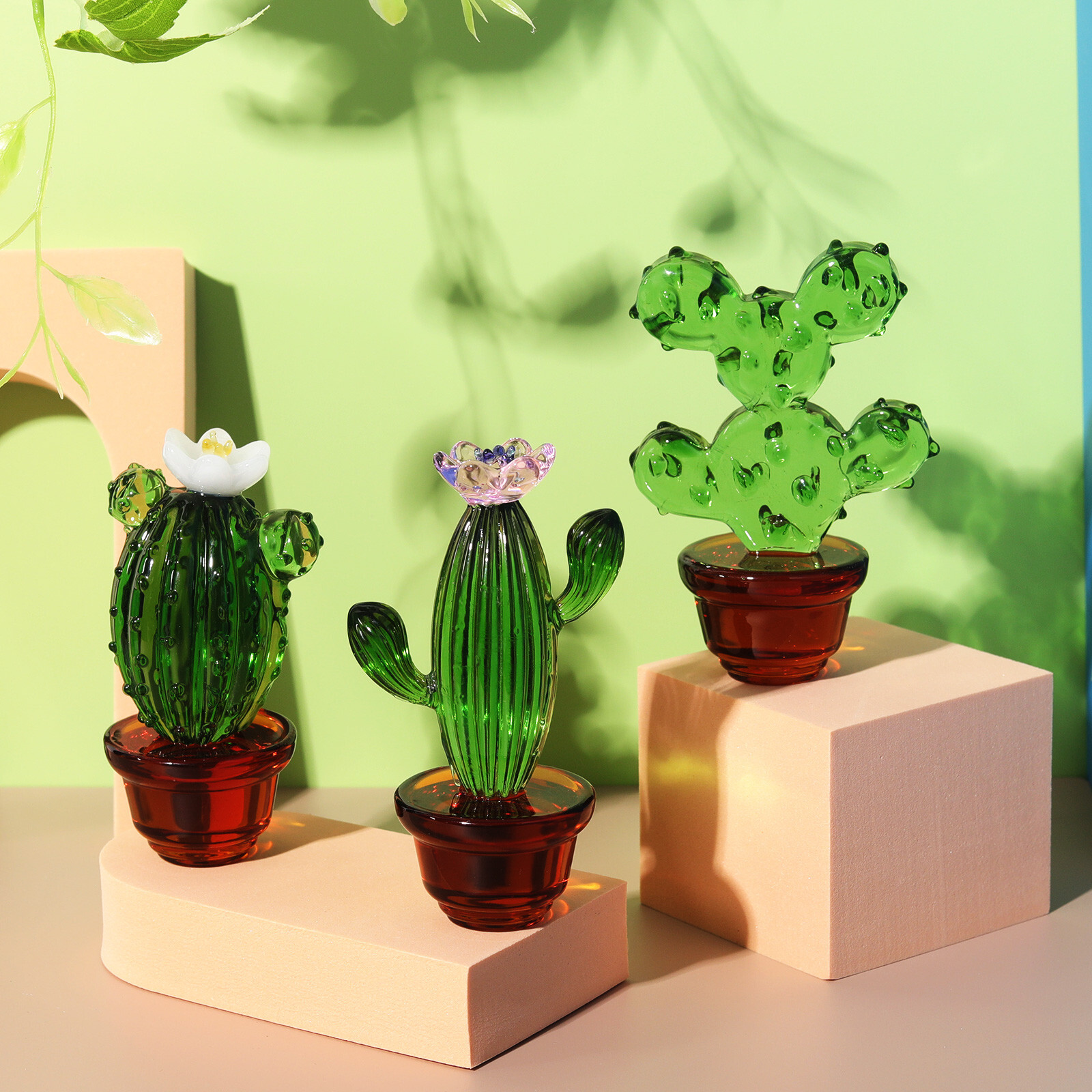 Crystal Cactus Figurine Collectible Glass Cactus Ornament Table Decor Gift