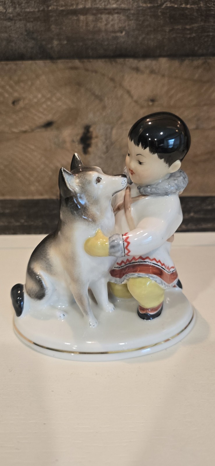 VTG Lomonosov LFZ Porcelain Figures Yakut Boy Husky Dog & Girl USSR 1st Quality