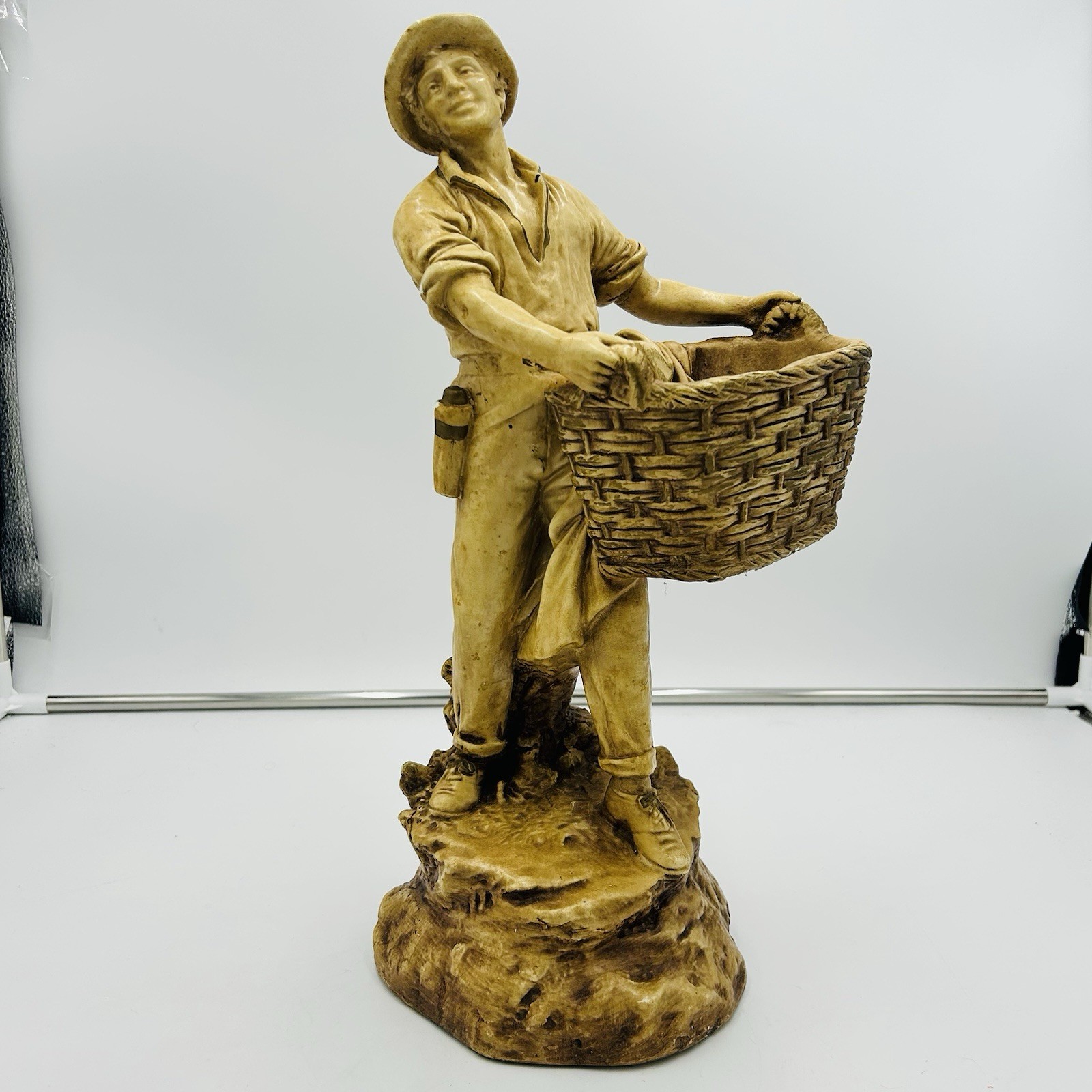 Marwal Ind Inc Chalkware 17” Man with Basket Statue Chalk Sculpture Vintage