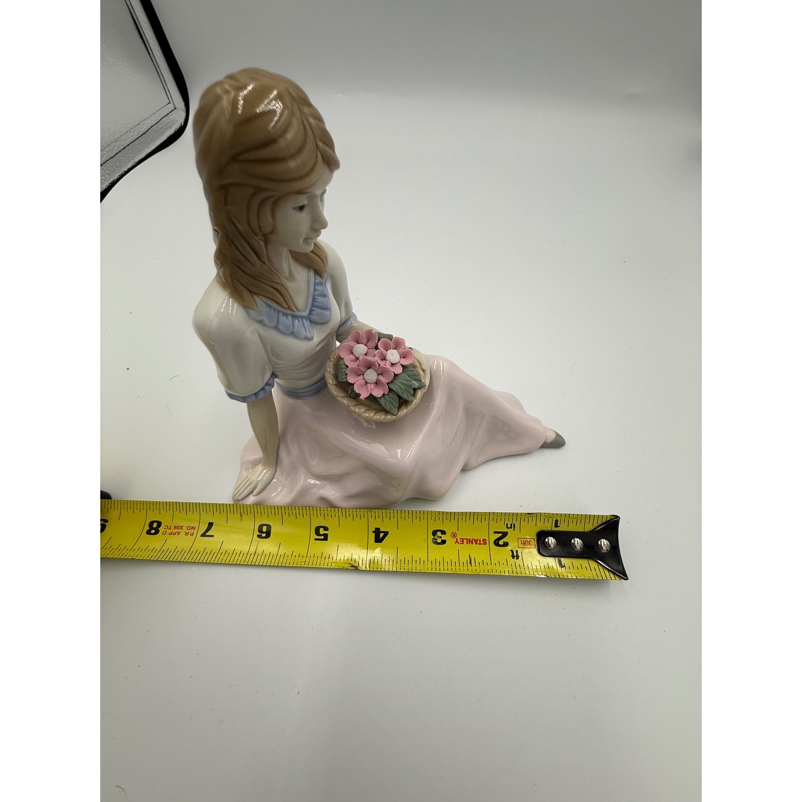 Cuernavaca Porcelain Figurine Girl with Flower Basket Pink White Made in Mexico